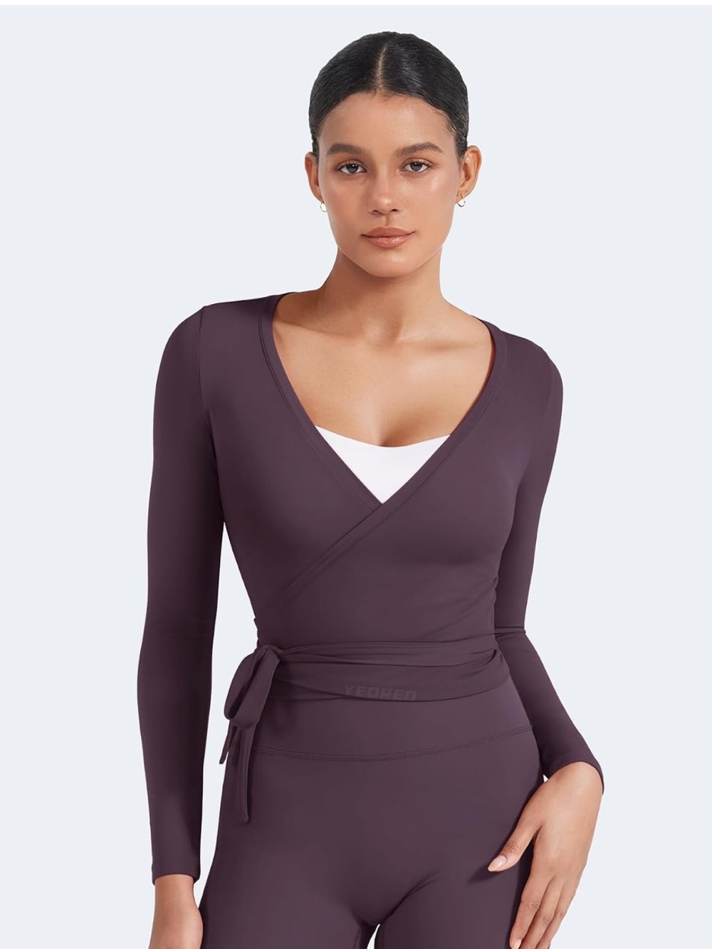 Amazon Women's Long Sleeve Pilates Wrap Top in black berry purple